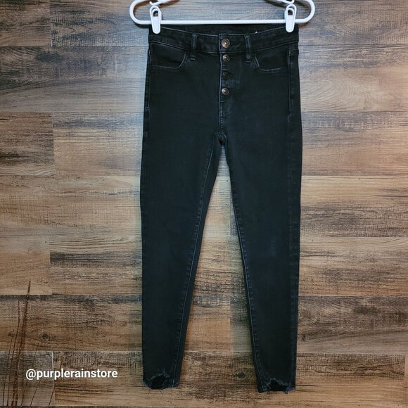 American Eagle Jeans 2 R Dream Jegging Crop Button Fly Black Wash Denim Stretch - Picture 1 of 12